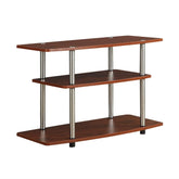 A sturdy wooden shelf with metal legs, showcasing several wooden shelves for organizing items.